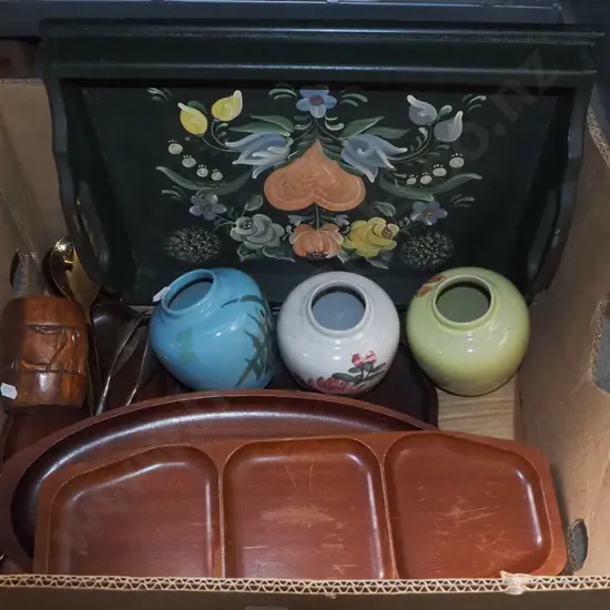 box; hand painted tray, ginger jars, wooden trays etc