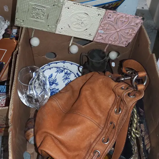 box; wall mounted coat hooks, plates, hand bags etc