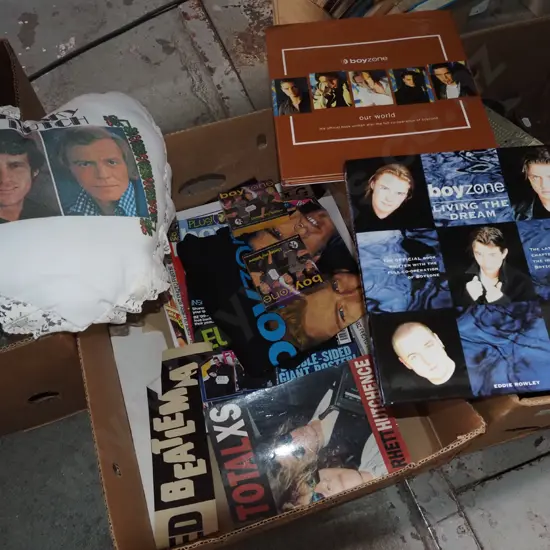 box; boy band books, t shirts etc