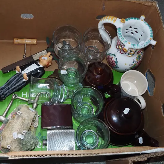 box; heavy wine glasses, Italian jug, lidded canister etc