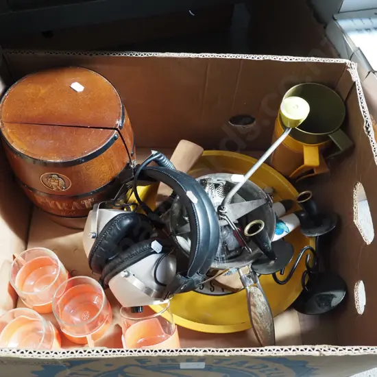 box; headphones, Pyrat rum barrel and decanter etc