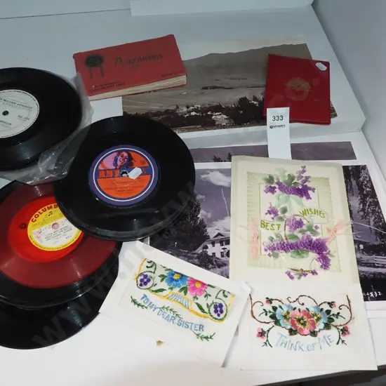 needleworks, postcard books, coin set, various 45s etc