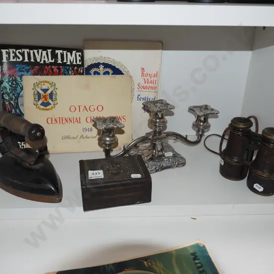 early iron, binoculars, candelabra trinket box etc