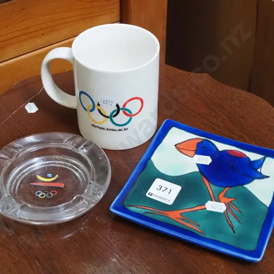 Olympic cup, ashtray, small pukeko plate