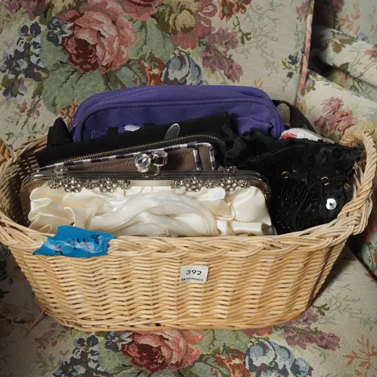 cane basket, clutch purses