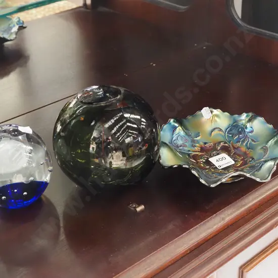 art glass paperweight, carnival glass bowl
