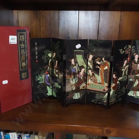 Asian 6 fold lacquer screen in case H240