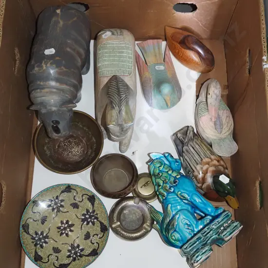 box; various figurines, bowl etc