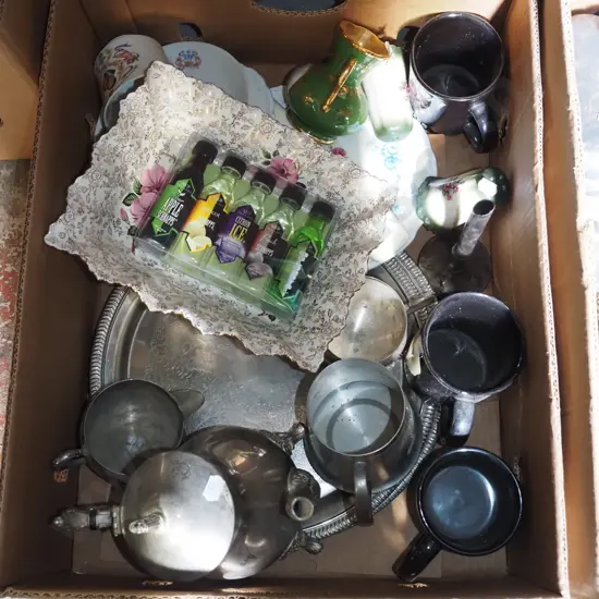 box; plated ware, bowls, spirit miniatures etc