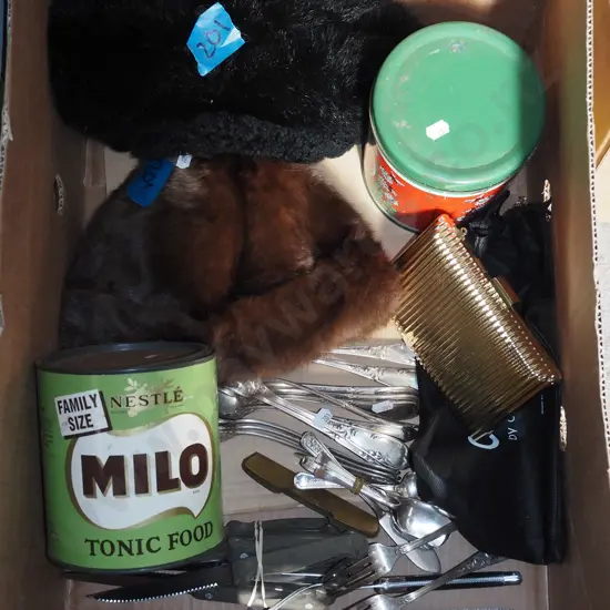 box; cutlery, tins, hat etc