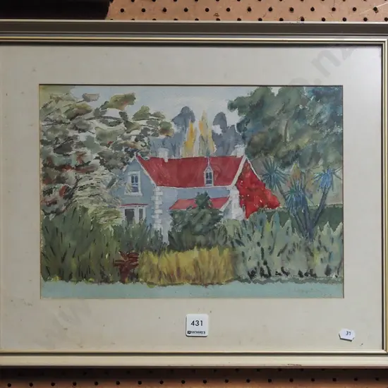 framed watercolour - house and garden - damge to frame