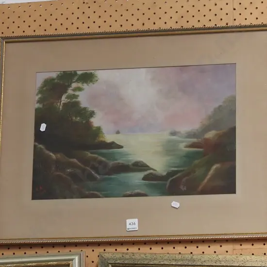 framed pastel - coastal scene and sailing ship