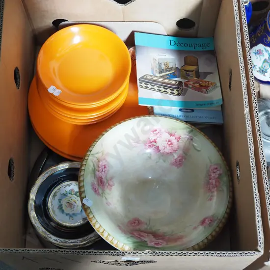 box; large footed fruit bowl, orange plastic plates etc