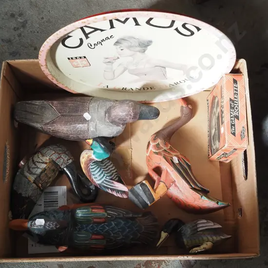 box; wooden ducks, tray etc