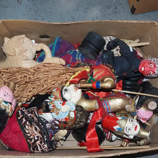 box; Indonesian marionettes etc