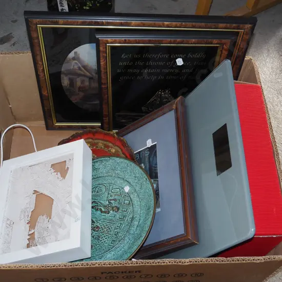 box; framed prints, bathroom scales etc