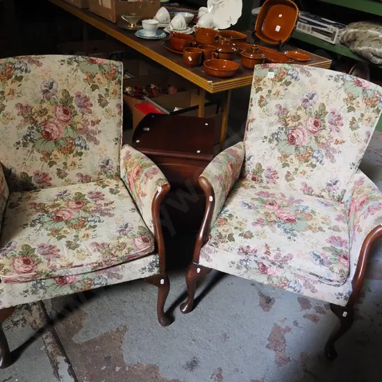 pair of floral upholstered and mahogany cab leg armchairs