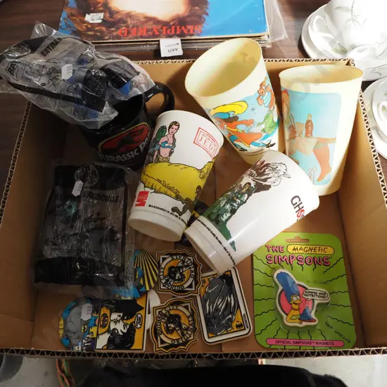 box; Batman figurines, 1980s plastic tumblers etc