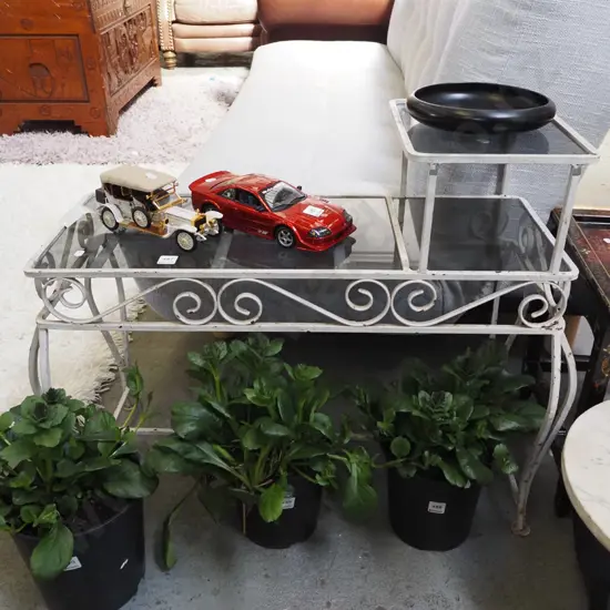 mid century wrought metal and smoked glass top 2 tier patio table