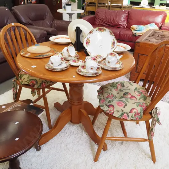Indonesian rubber wood pedestal table with 2 matching chairs - fruit themed cushions