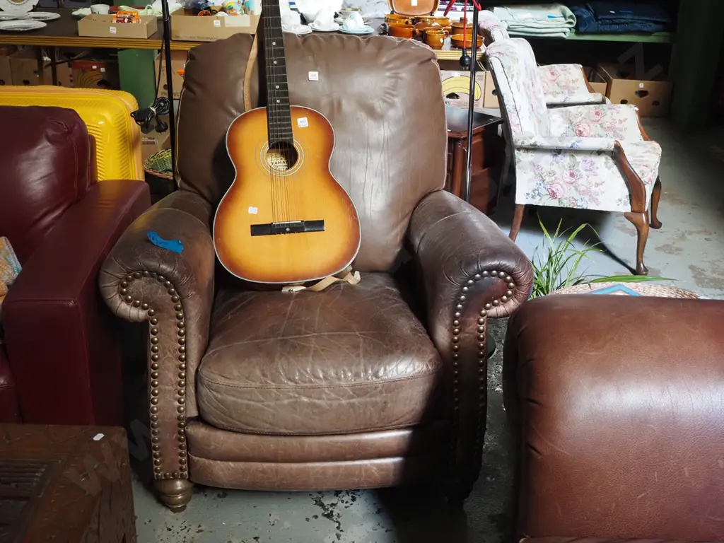 brown leather reclining armchair - has had top section replaced with vinyl Image 1++