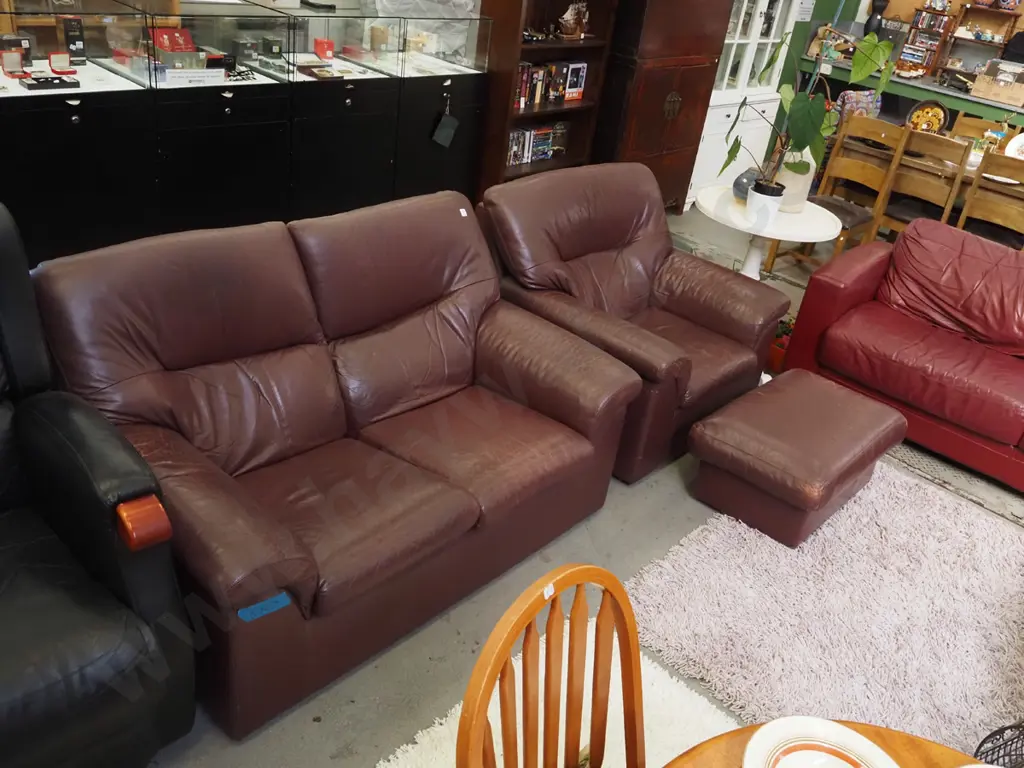 burgundy leather 3 piece lounge suite - 2 seater, single chair, footstool Image 1++
