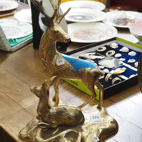 brass stag and doe figurine - repairs to antlers H300