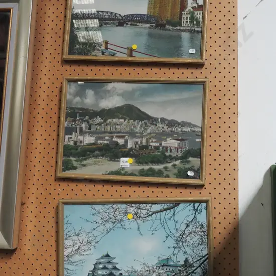 3x framed prints on fabric - yellow dots