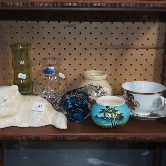 shelf; cat figurines, vases, tea cup and saucer etc