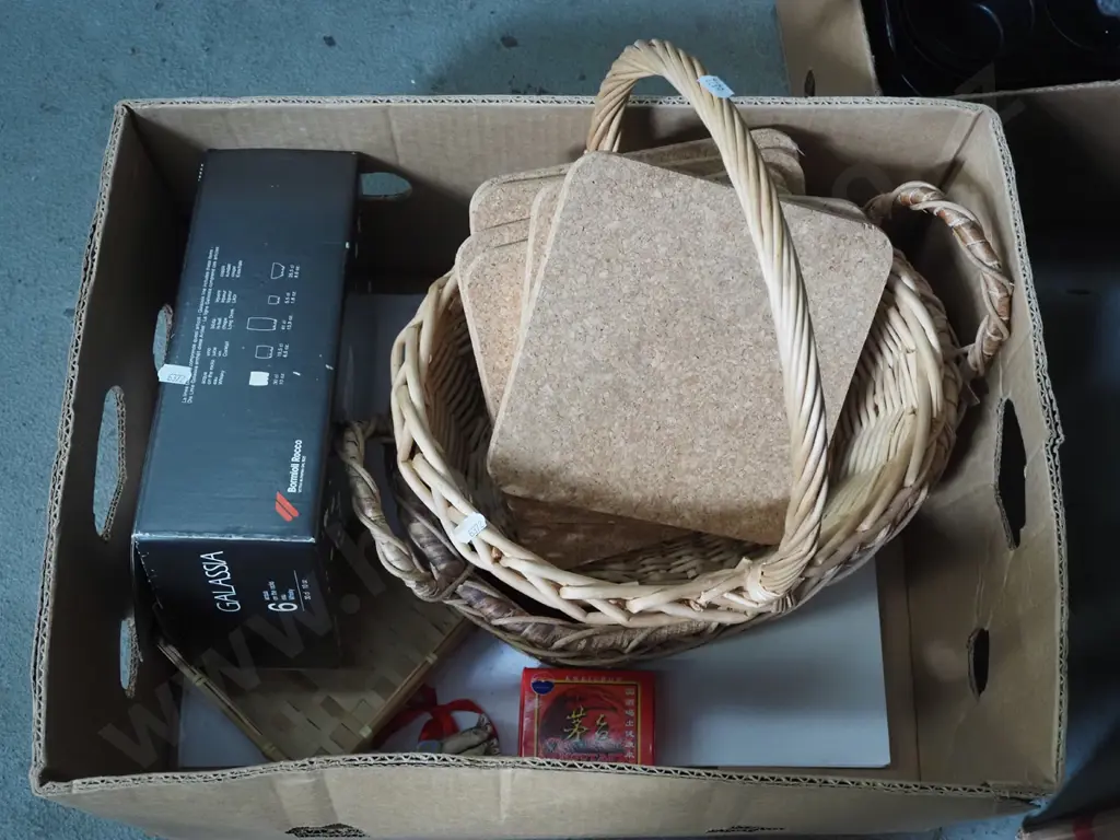 box; cane baskets, placemats, crystal tumblers etc Image 1++