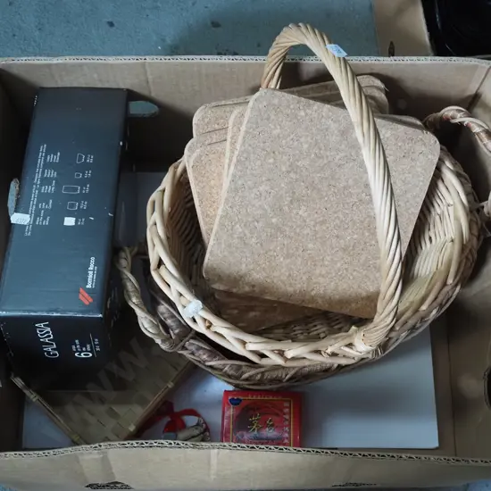 box; cane baskets, placemats, crystal tumblers etc