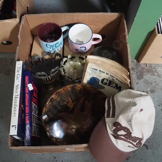 box; books, bowl, cups etc