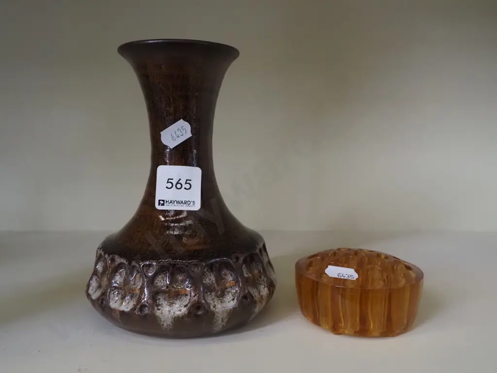 studio pottery vase, small amber glass flower frog Vase H160 Image 1++