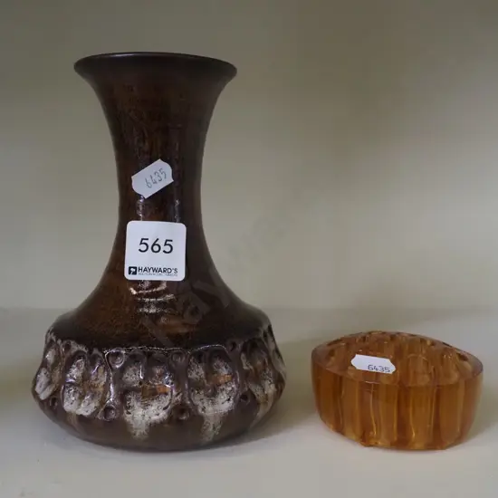 studio pottery vase, small amber glass flower frog Vase H160