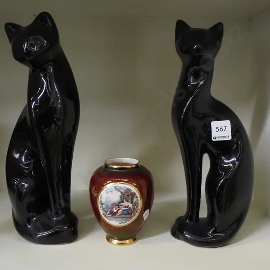2x cat figurines, Carlton romance scene vase Cat H300
