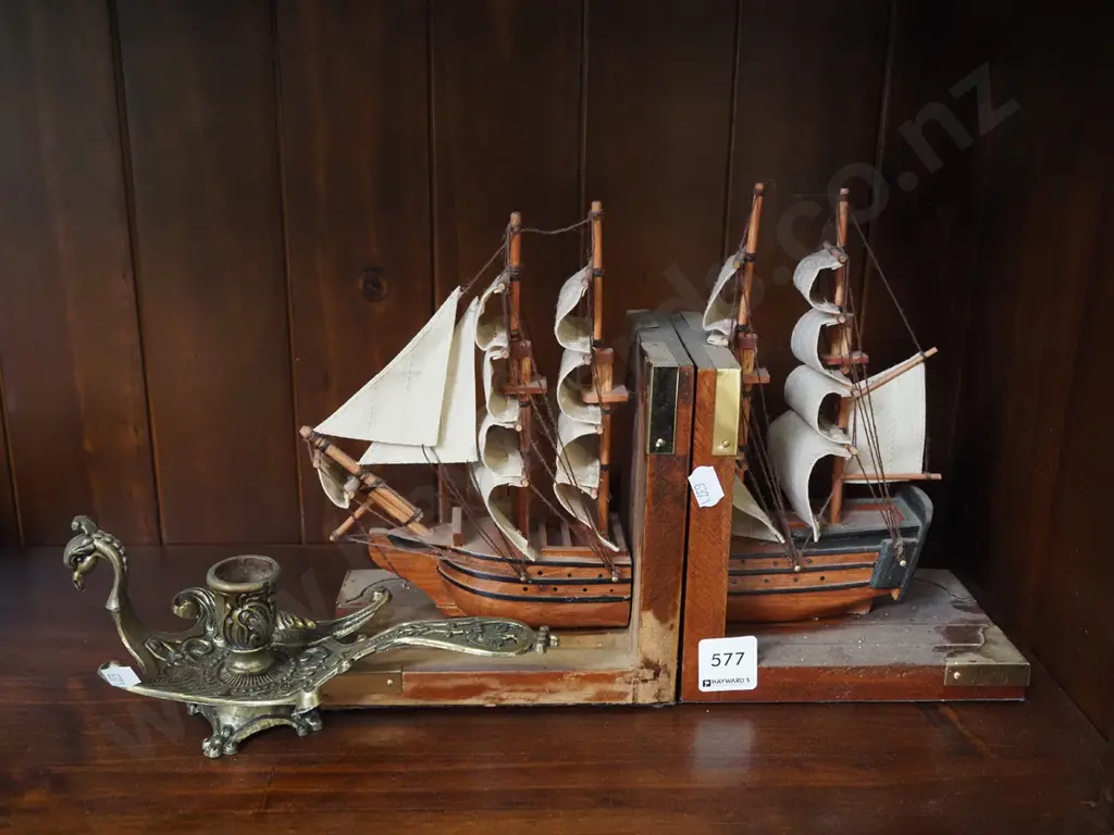 galleon themed book ends, brass phoenix candlestick Image 1++