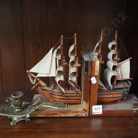galleon themed book ends, brass phoenix candlestick
