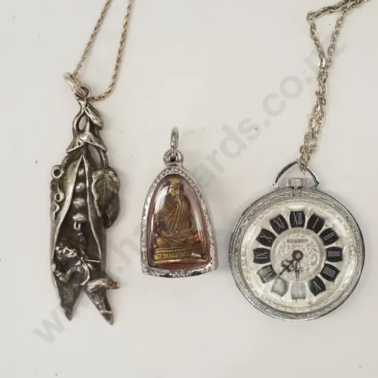 small fob watch on chain, jack and the beanstalk pendant on chain, buddha pendant