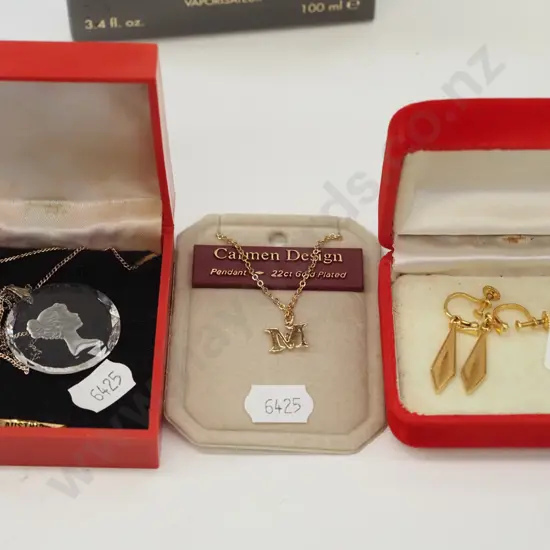 gold plated drop clip on earrings, M pendant and chain, Austrian crystal pendant and plated chain