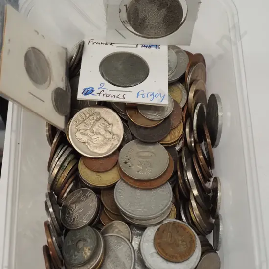 plastic tub of coins