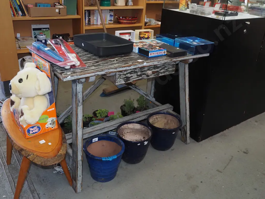 distressed painted refectory based hall table H760 W1075 D560 Image 1++