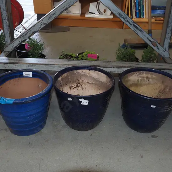 3x blue glazed planters H230