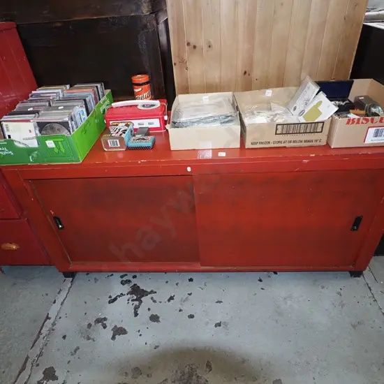 red painted wooden 2 sliding door cabinet H690 W1460 D475