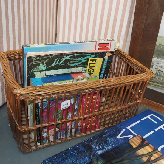 cane basket, books