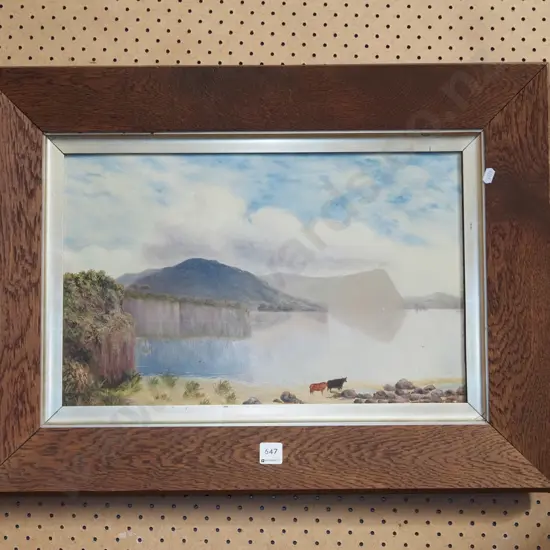 oak framed oil on board - lake and mountain scene