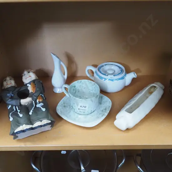 monk themed bottle holder, miniature tea pot etc