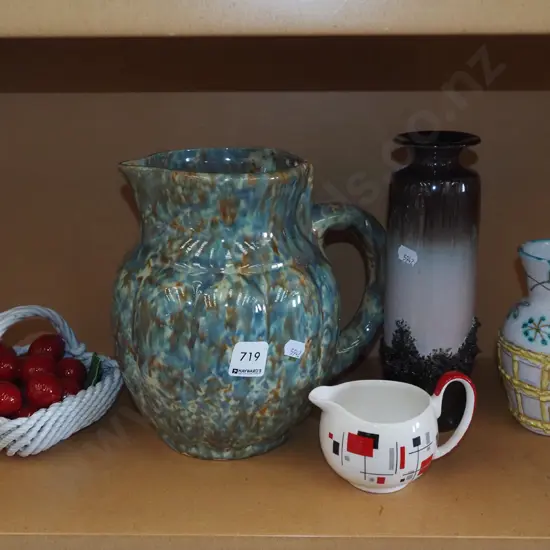 Palissy Gay Day creamer, 2x vases, ceramic cherry cherries in basket etc