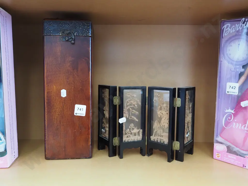 cork scene 4 panel screen, wooden box H320 Image 1++