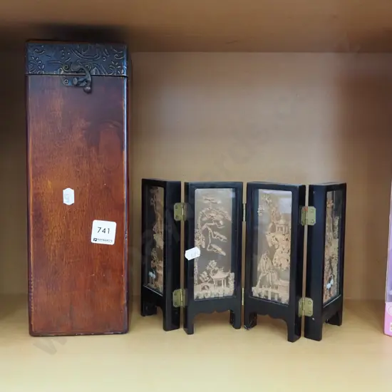 cork scene 4 panel screen, wooden box H320