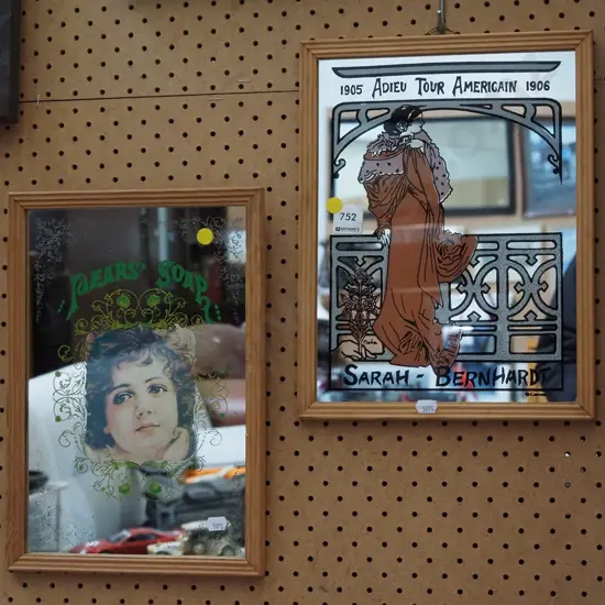 2x framed reproduction advertising mirrors - yellow dots